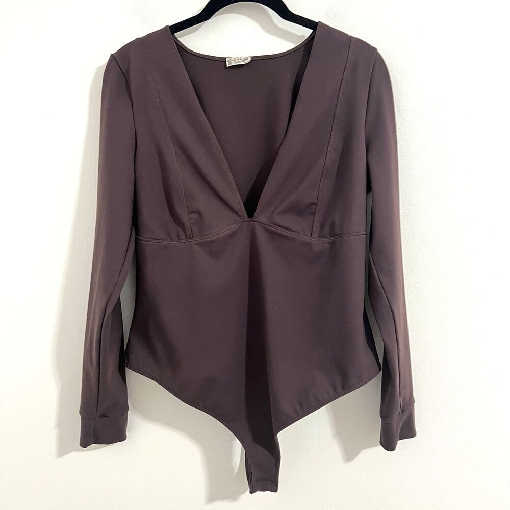 Free People Intimately Thong Bodysuit Size L Brown Low V Neck Minimalist Ballet